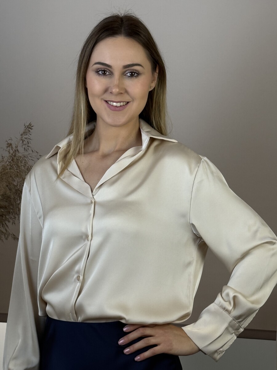 Szatén hatású gombos blúz - bézs - Kép 6