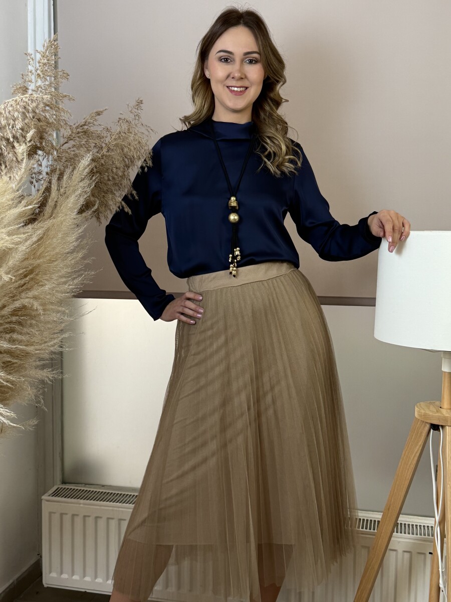 Álló nyakú szatén hatású blúz - sötétkék - Kép 13