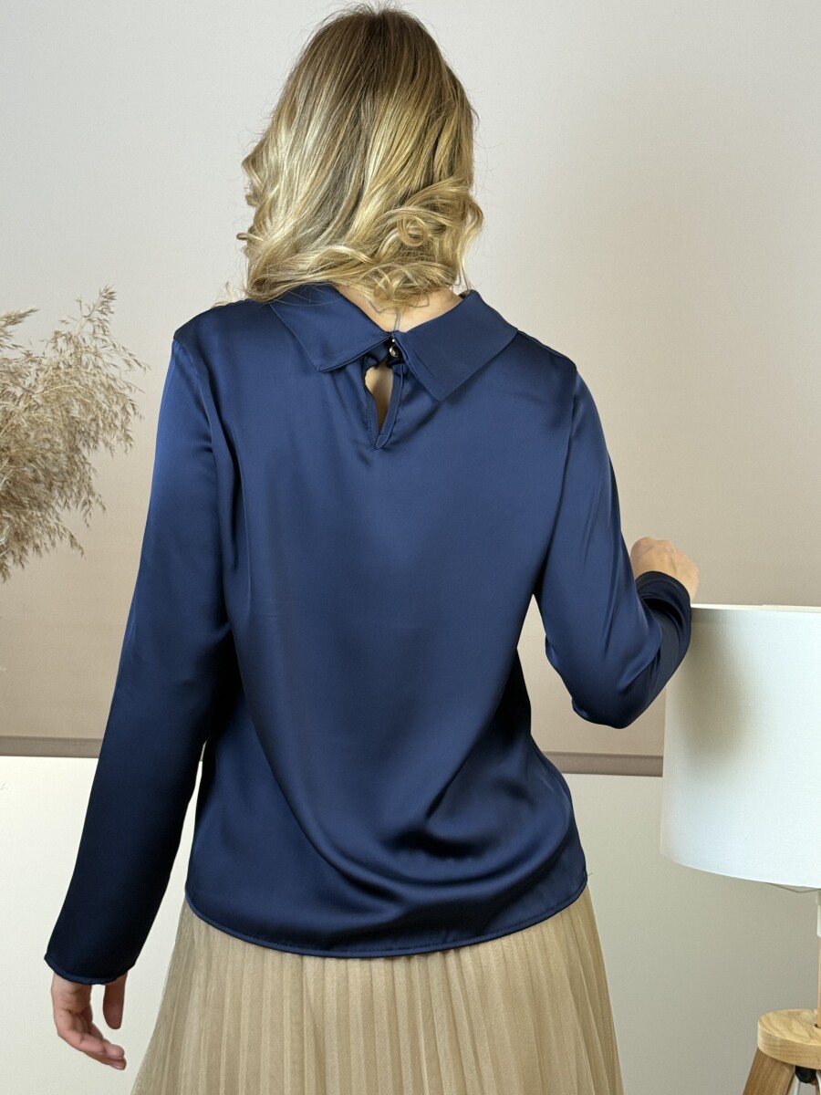 Álló nyakú szatén hatású blúz - sötétkék - Kép 8