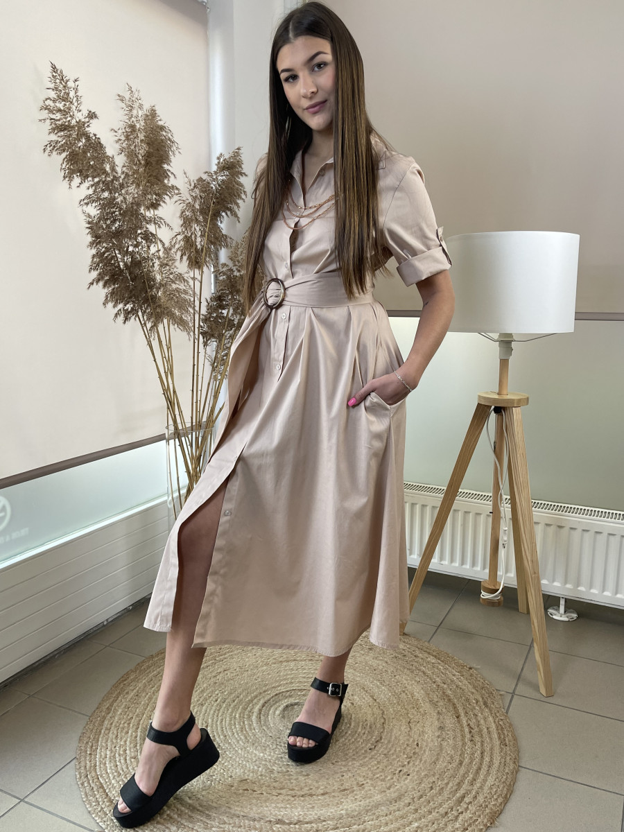 Oldalt zsebes kötős ingruha - bézs - Kép 2