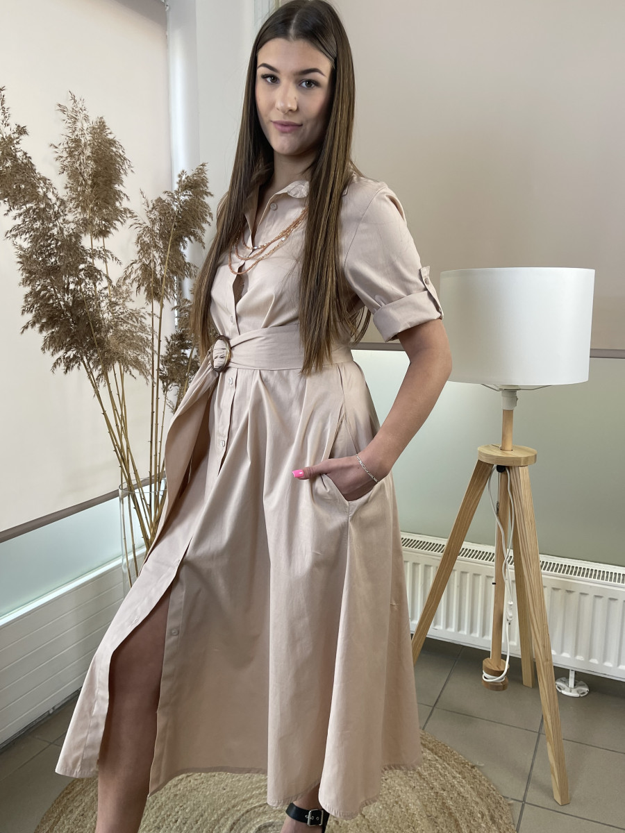 Oldalt zsebes kötős ingruha - bézs - Kép 9