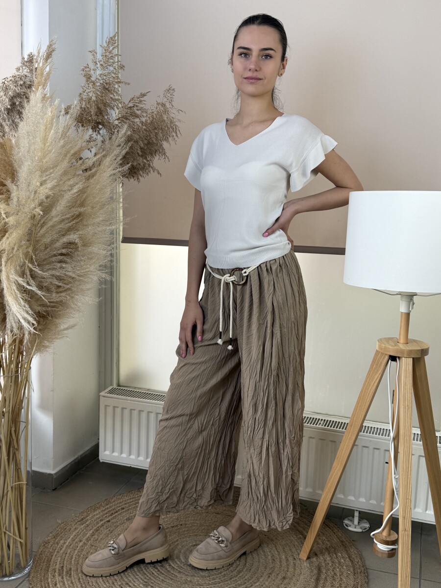 Öves bőszárú gyűrt nadrág - camel - Kép 2