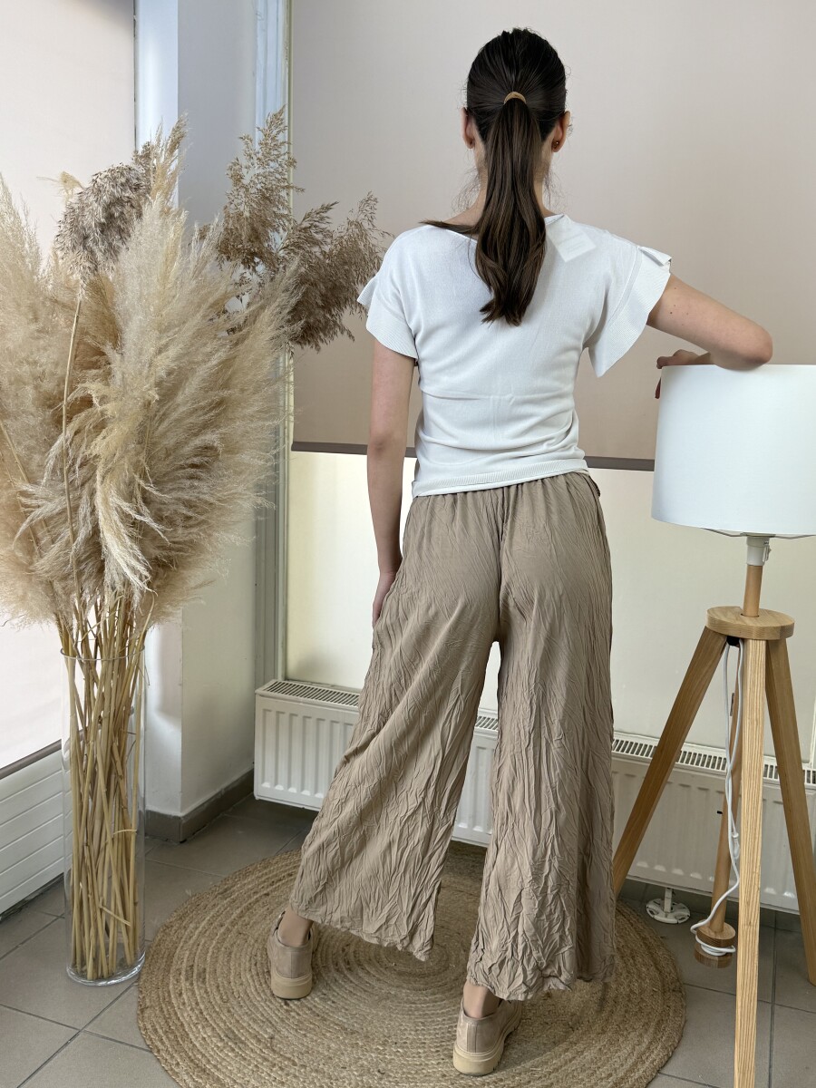 Öves bőszárú gyűrt nadrág - camel - Kép 7