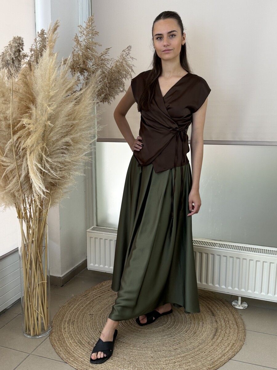 Szatén hatású maxi szoknya - khaki - Kép 2