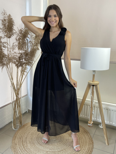 Rózsa díszes maxi ruha - fekete