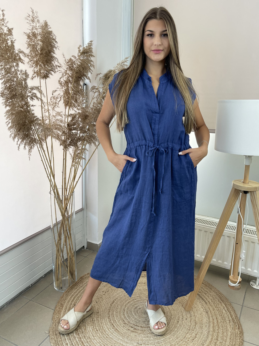Kötős len ruha - sötétkék - Kép 1