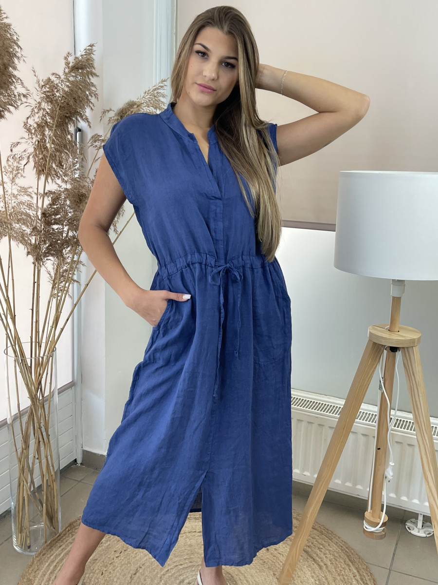 Kötős len ruha - sötétkék - Kép 5