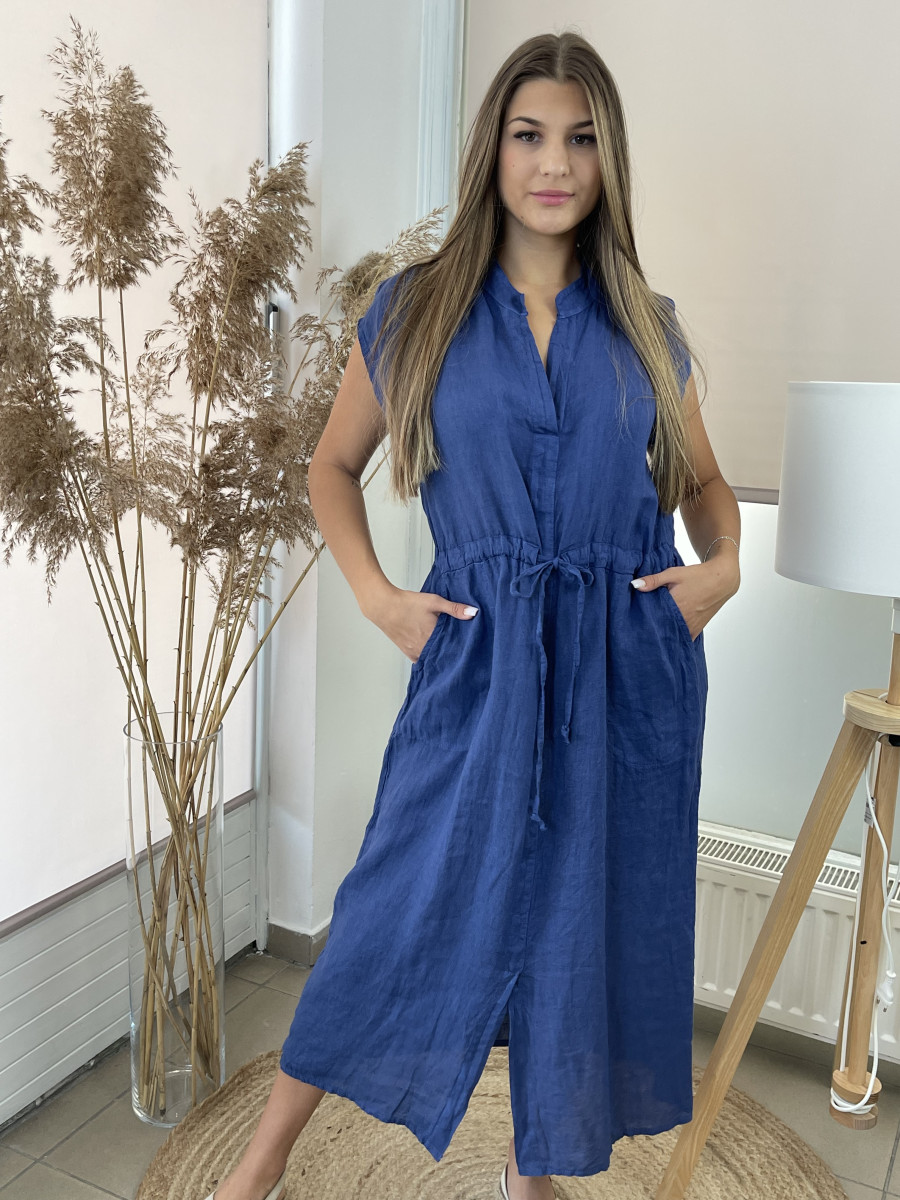 Kötős len ruha - sötétkék - Kép 4