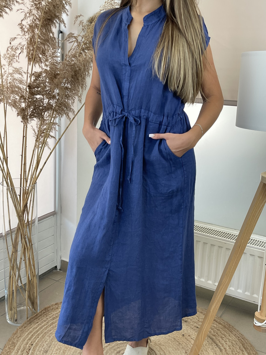 Kötős len ruha - sötétkék - Kép 3