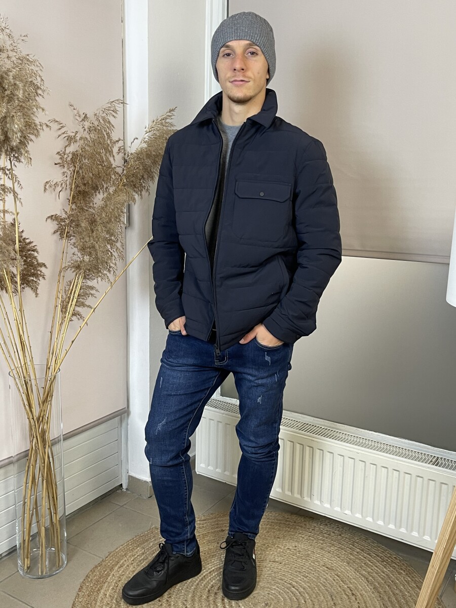 Férfi steppelt kabát - sötétkék - Kép 3