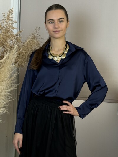 Szatén hatású gombos blúz - sötétkék