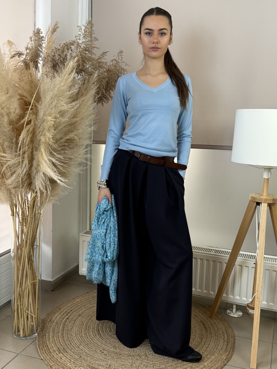 Passzés V nyakkivágású pulóver - világoskék - Kép 4