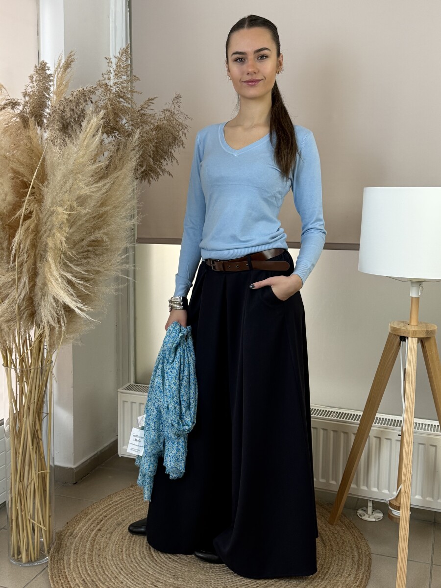 Passzés V nyakkivágású pulóver - világoskék - Kép 3