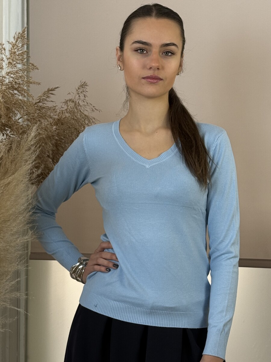 Passzés V nyakkivágású pulóver - világoskék - Kép 9