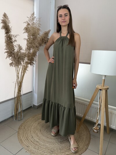 Hátán kötős maxi ruha - khaki