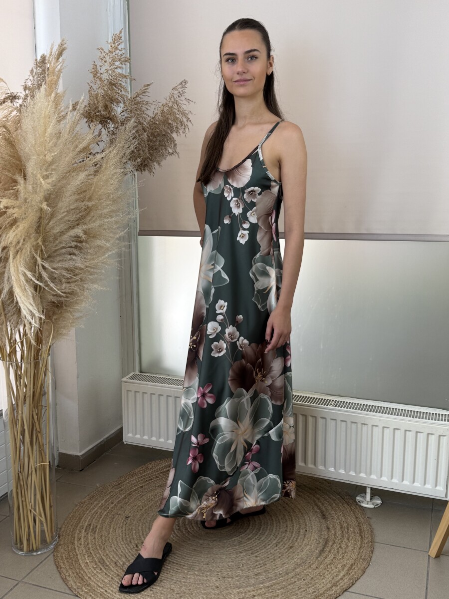 Szatén hatású mintás pántos maxi ruha - khaki - Kép 7