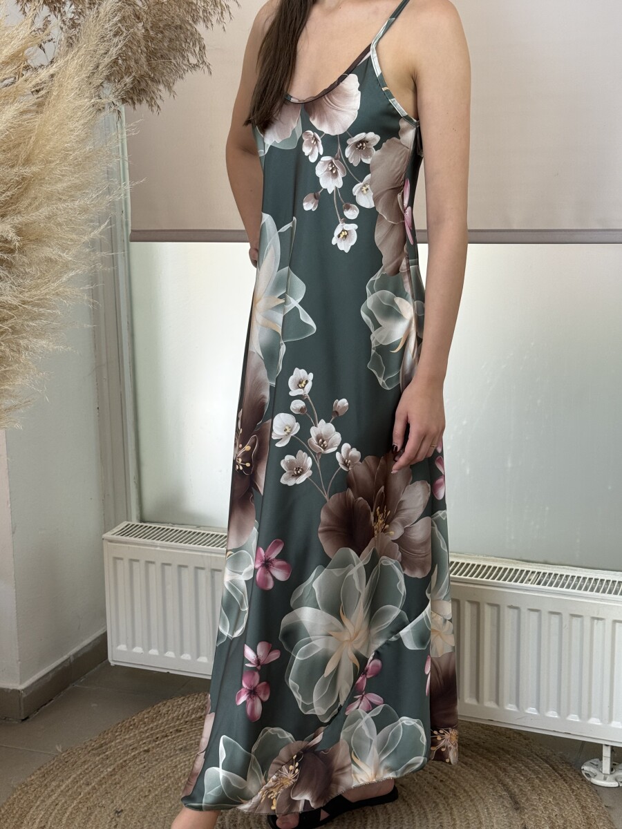 Szatén hatású mintás pántos maxi ruha - khaki - Kép 11