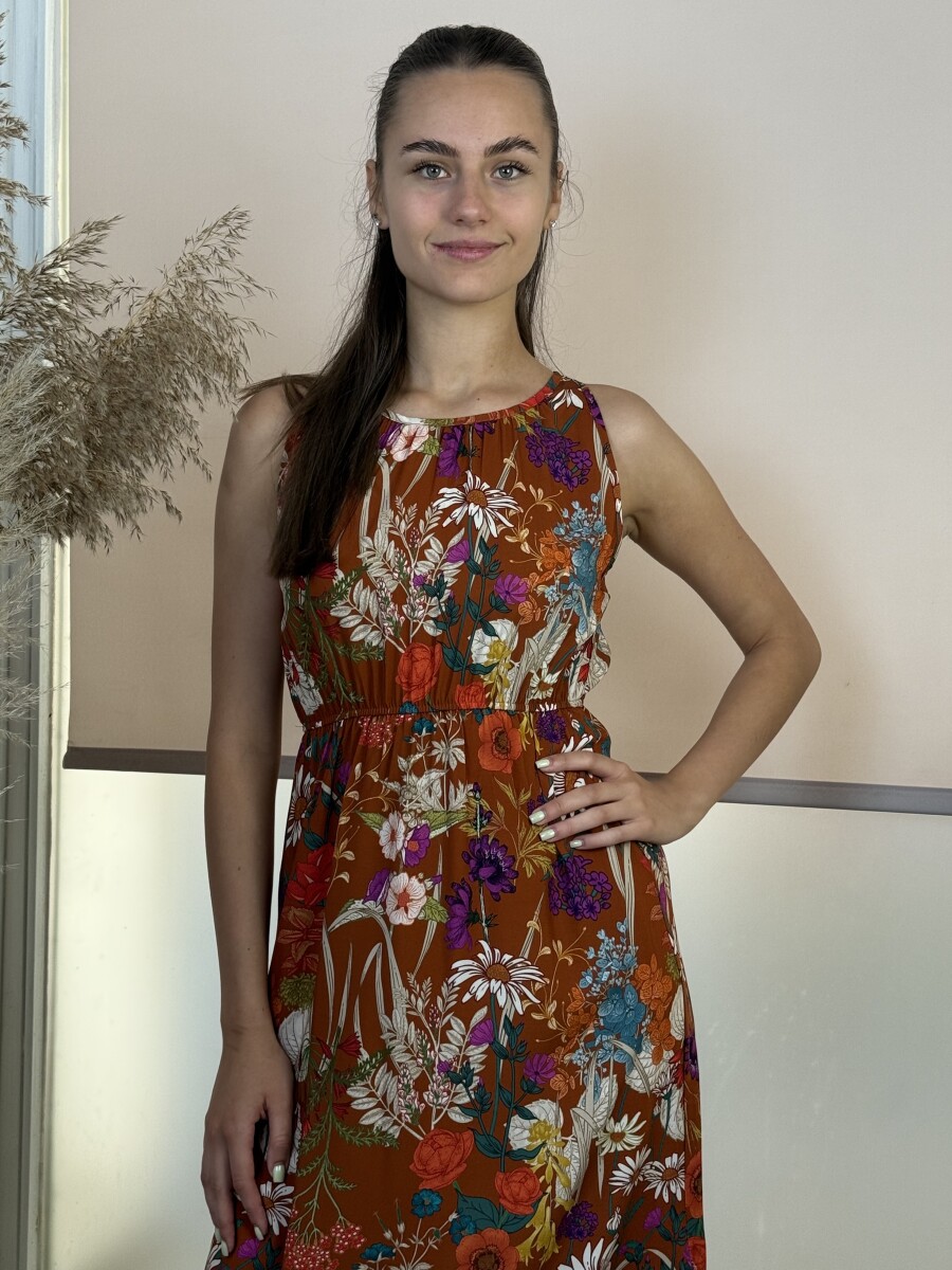 Mintás sliccelt pántos ruha - rozsda - Kép 4