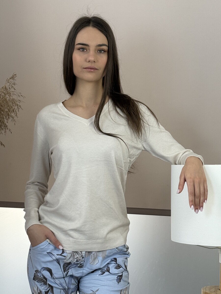 Passzés V nyakú lezser pulóver - krém - Kép 5