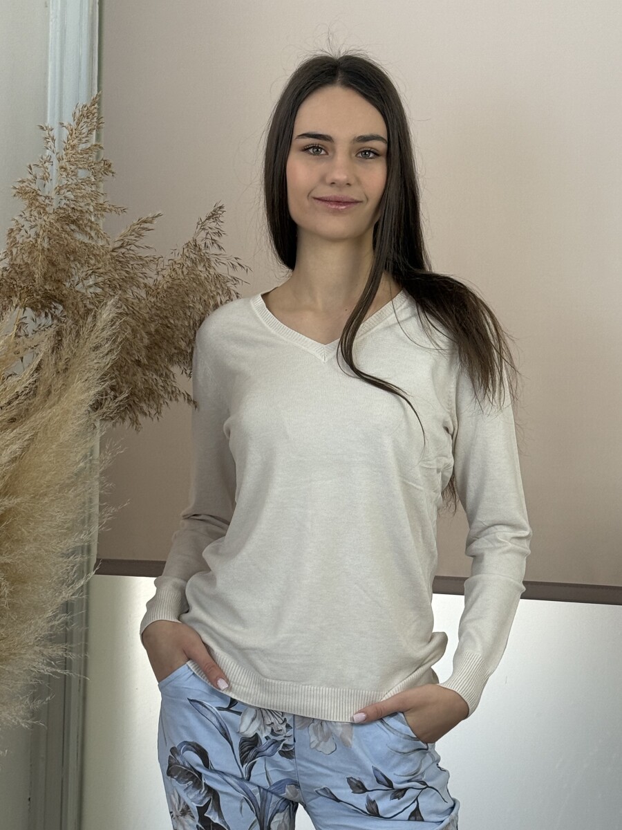 Passzés V nyakú lezser pulóver - krém - Kép 10