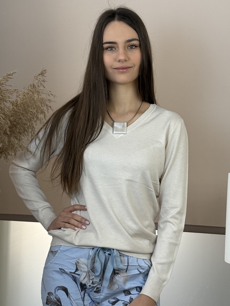 Passzés V nyakú lezser pulóver - krém - Kép 8