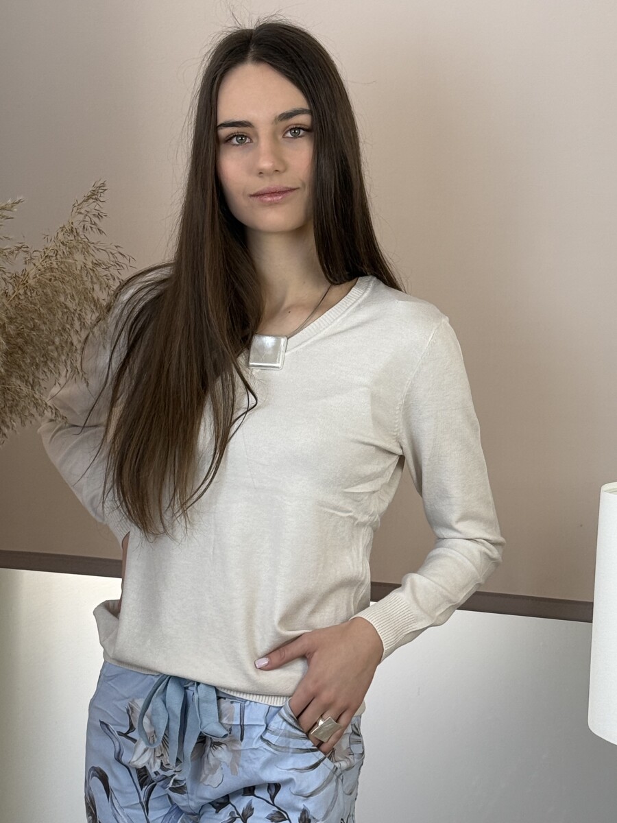 Passzés V nyakú lezser pulóver - krém - Kép 2