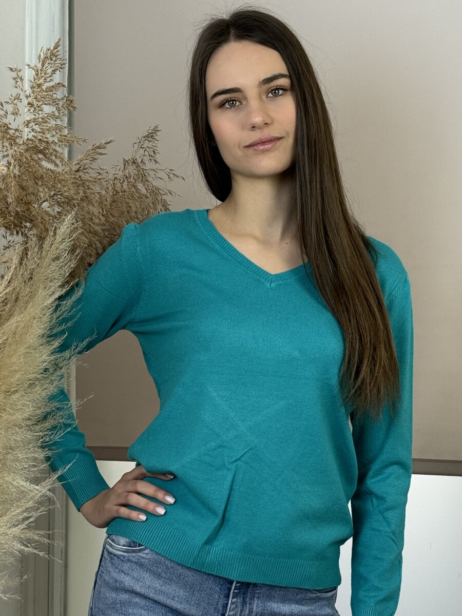 Passzés V nyakú lezser pulóver - sötét menta - Kép 5