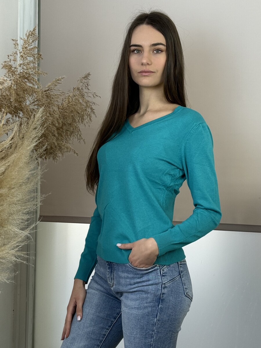 Passzés V nyakú lezser pulóver - sötét menta - Kép 2