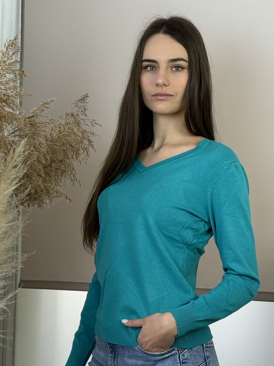 Passzés V nyakú lezser pulóver - sötét menta - Kép 9