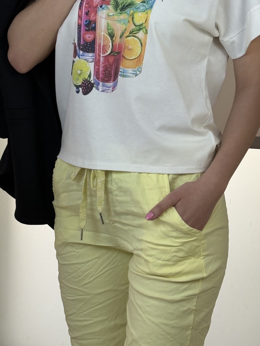 Kötős gyűrt hatású nadrág - sárga - Kép 5