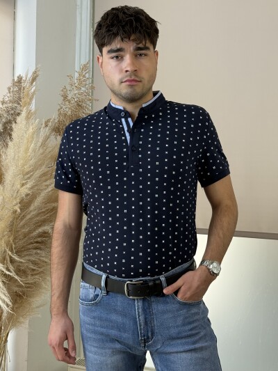 Álló galléros mintás póló - sötétkék