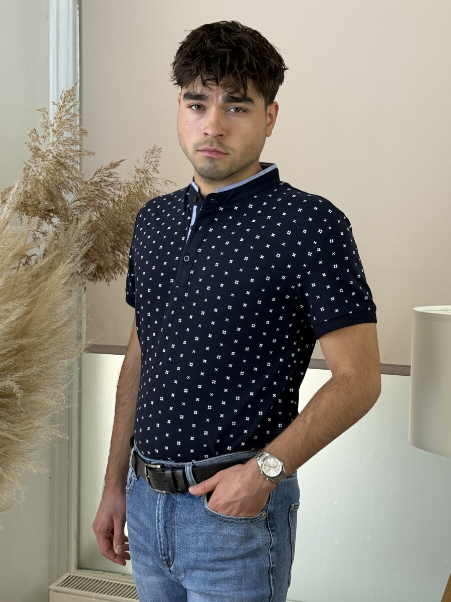 Álló galléros mintás póló - sötétkék - Kép 7