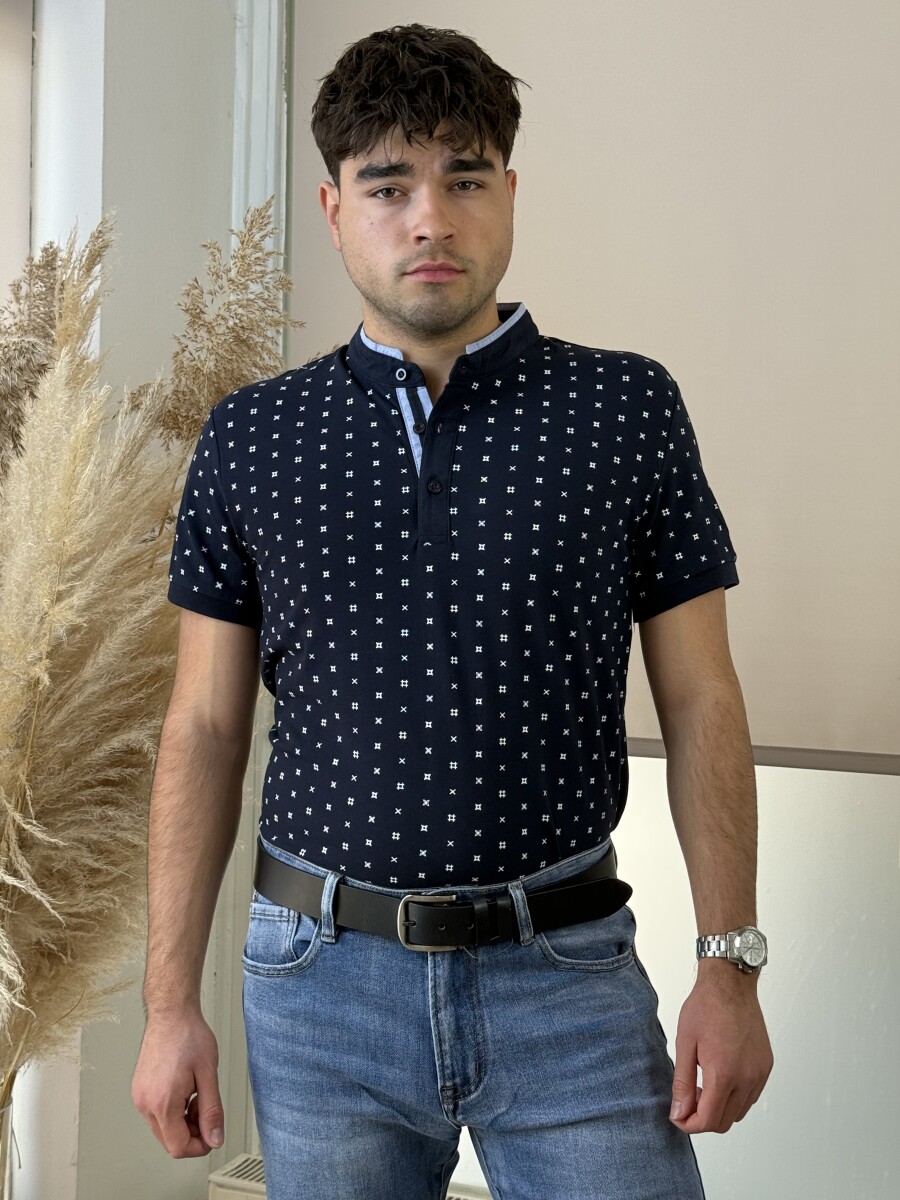 Álló galléros mintás póló - sötétkék - Kép 12