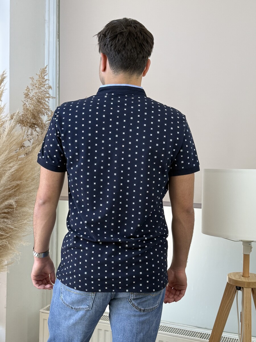 Álló galléros mintás póló - sötétkék - Kép 13