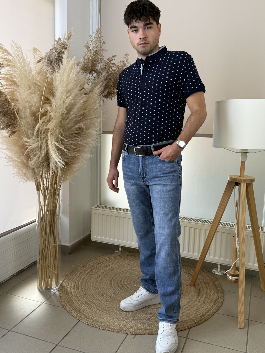 Álló galléros mintás póló - sötétkék - Kép 9