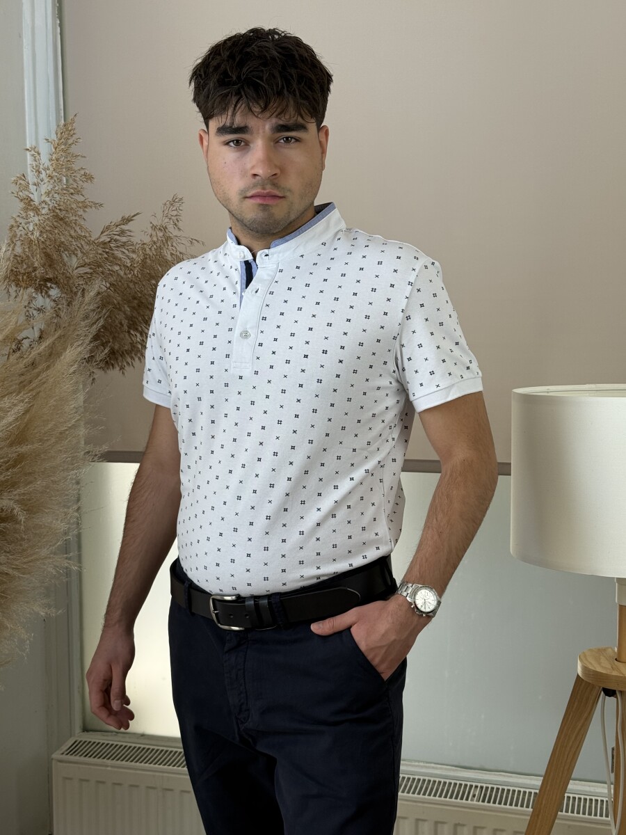 Álló galléros mintás póló - fehér - Kép 2