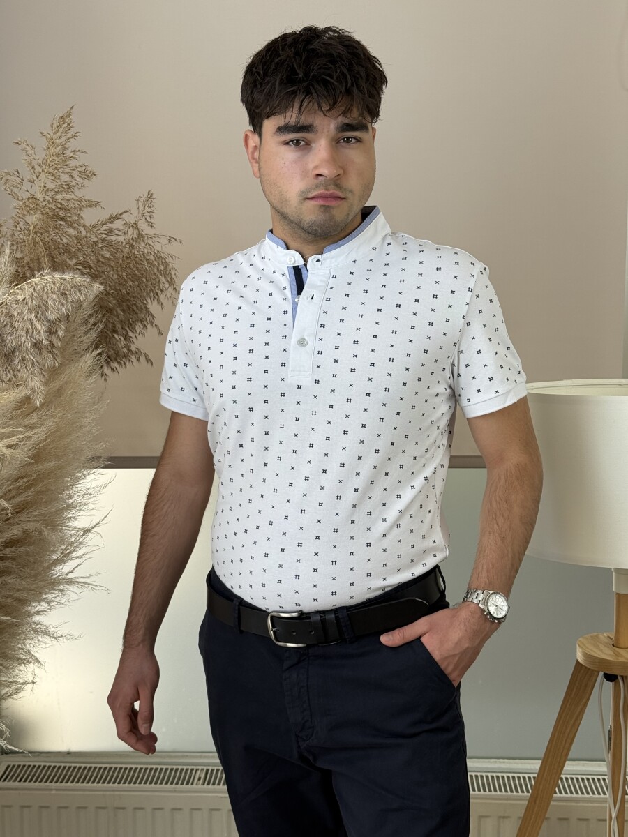 Álló galléros mintás póló - fehér - Kép 7