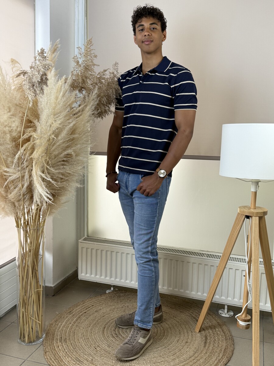 Galléros csíkos póló - sötétkék - Kép 3