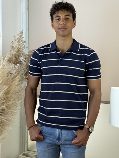 Galléros csíkos póló - sötétkék