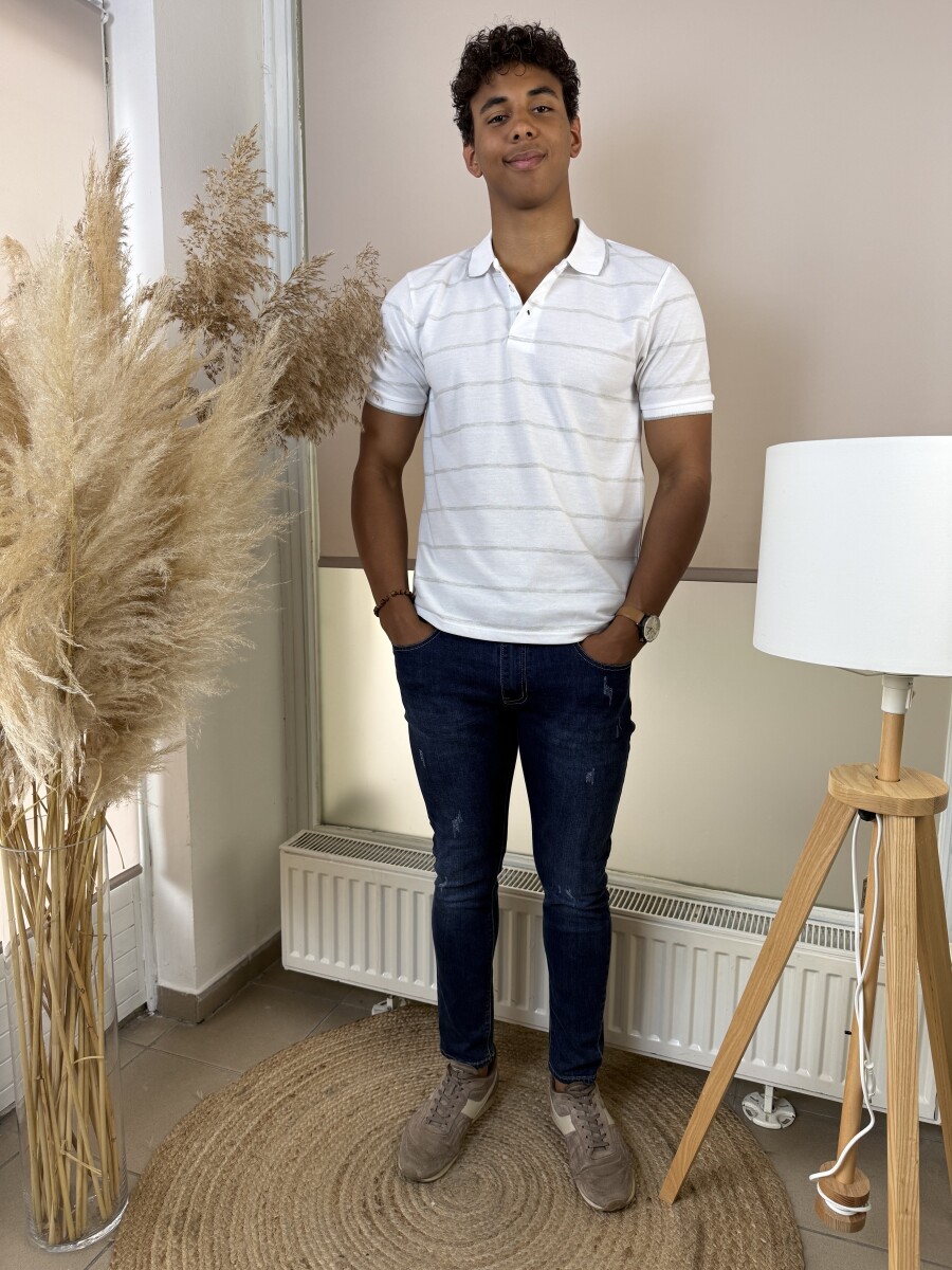 Galléros csíkos póló - fehér - Kép 4