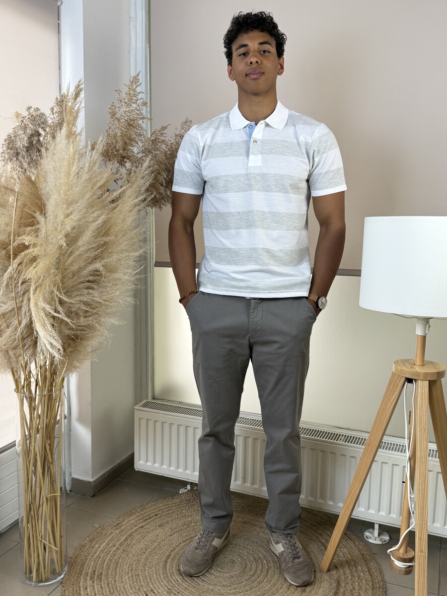 Galléros csíkos póló - fehér-szürke - Kép 7