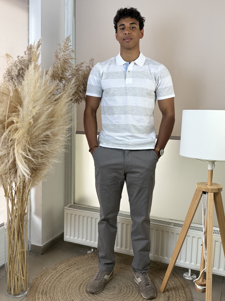 Galléros csíkos póló - fehér-szürke - Kép 4