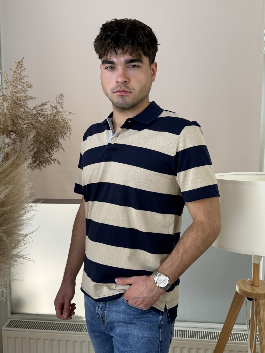 Galléros csíkos póló - sötétkék-bézs - Kép 2