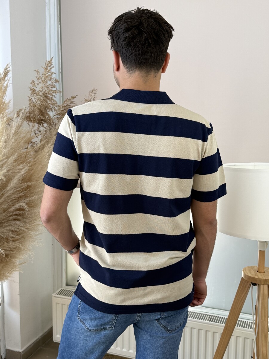 Galléros csíkos póló - sötétkék-bézs - Kép 6