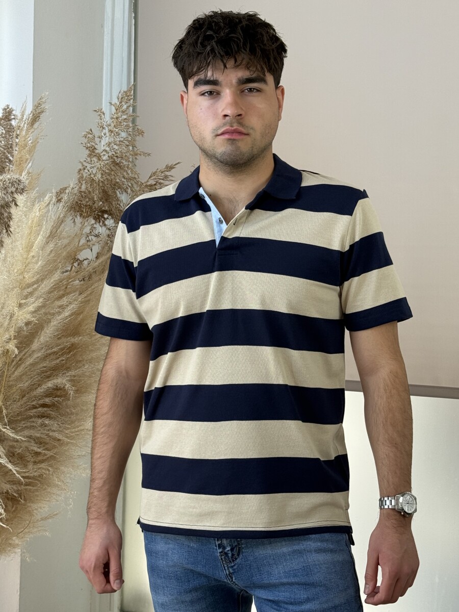 Galléros csíkos póló - sötétkék-bézs - Kép 1