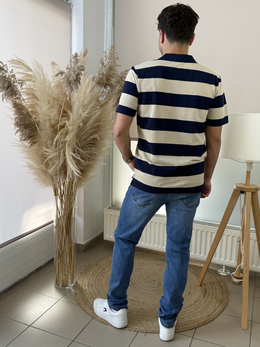 Galléros csíkos póló - sötétkék-bézs - Kép 11