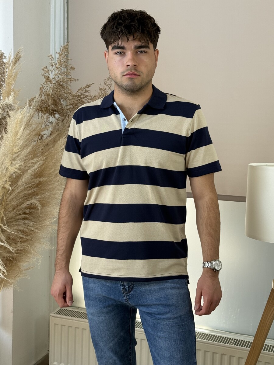 Galléros csíkos póló - sötétkék-bézs - Kép 5