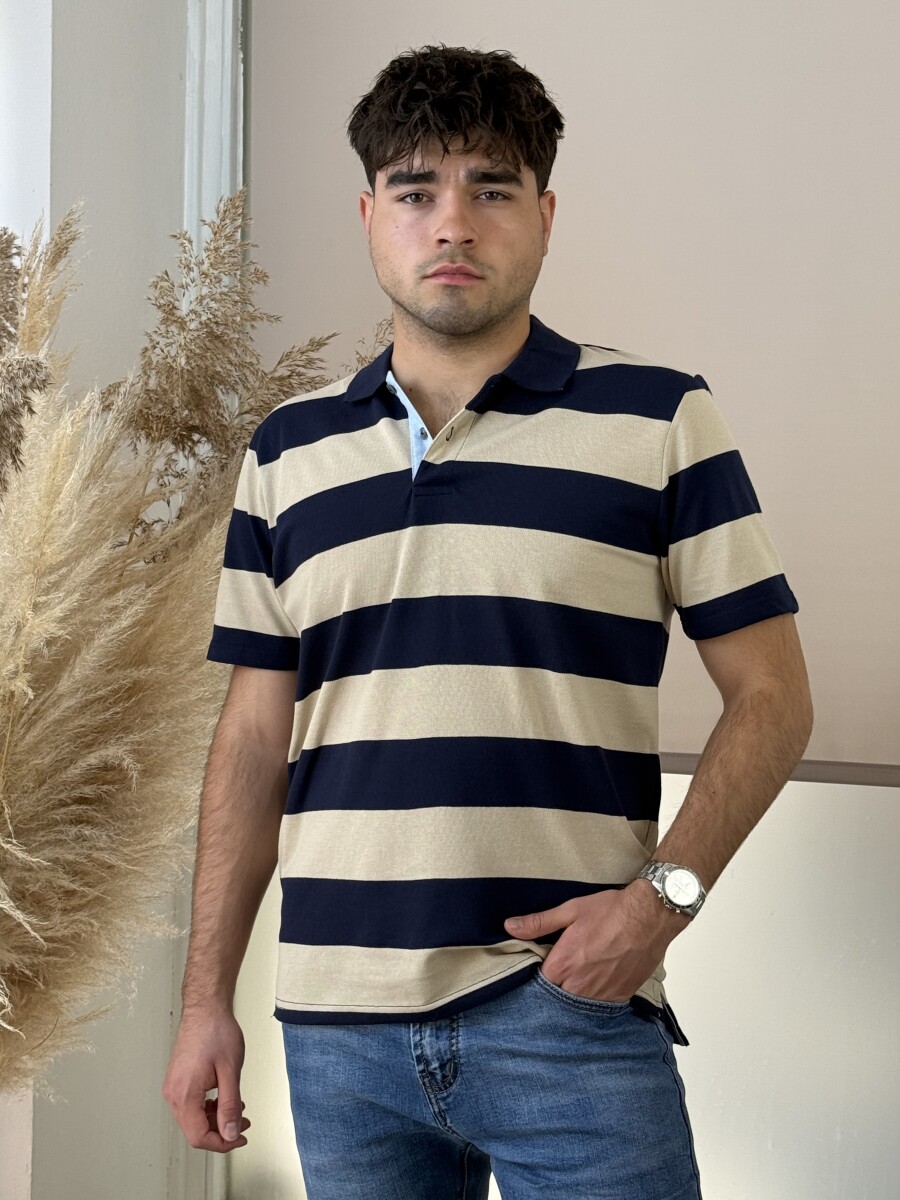 Galléros csíkos póló - sötétkék-bézs - Kép 9