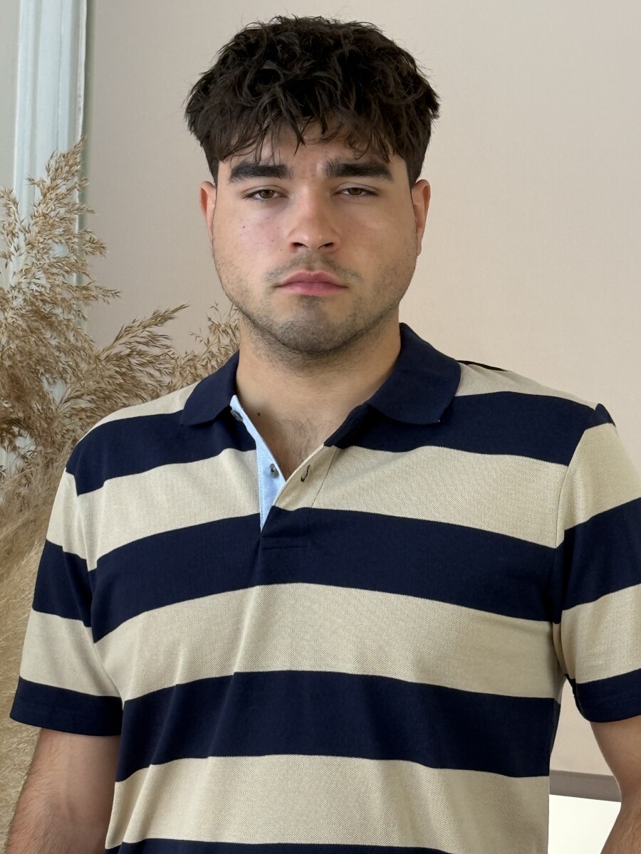 Galléros csíkos póló - sötétkék-bézs - Kép 4