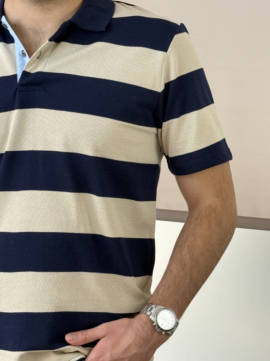 Galléros csíkos póló - sötétkék-bézs - Kép 8